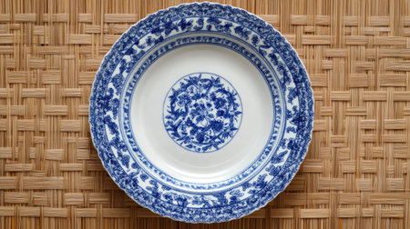 A beautifully crafted blue and white porcelain plate featured on a natural woven mat, showcasing intricate floral patterns and elegant design elements.の素材