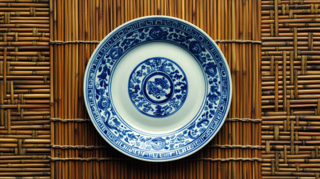 Elegant blue and white porcelain plate showcases intricate designs, resting on a natural bamboo background. Ideal for culinary and cultural themes.の素材