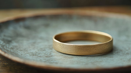A stunning gold ring rests on a rustic metallic plate, showcasing its elegance and craftsmanship. Perfect for jewelry display or fashion themes.の素材