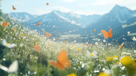 A picturesque meadow filled with vibrant wildflowers and fluttering butterflies, set against a stunning mountain backdrop under a serene blue sky.の素材