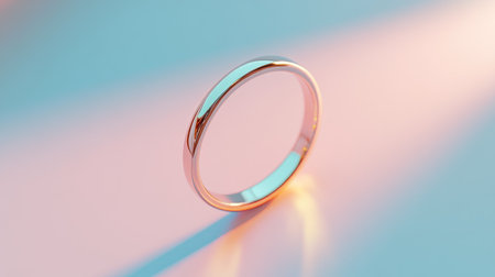 A beautiful rose gold ring delicately displayed on a soft pastel background. The elegant reflection highlights the ring's smooth surface and minimal design.の素材