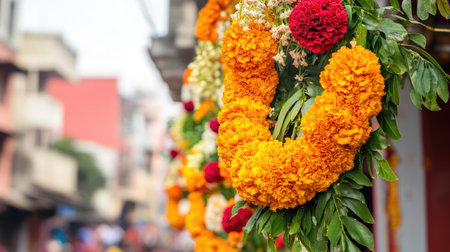 A vibrant floral garland featuring marigolds and red blooms adds color to a street scene, embodying a spirit of celebration and tradition in an urban setting.の素材