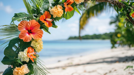 A vibrant tropical floral arch complements a serene beach setting, featuring colorful flowers and lush greenery against a tranquil ocean backdrop, ideal for weddings.の素材
