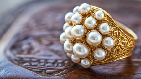 Discover a stunning gold ring adorned with lustrous white pearls. Set against an intricate wooden surface, this piece showcases exceptional craftsmanship and elegant design.の素材