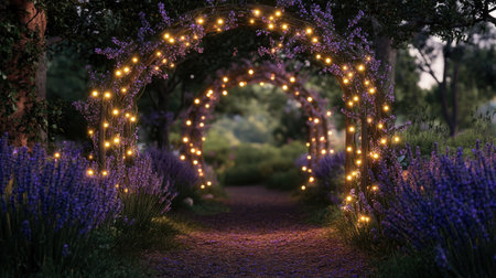 A mesmerizing lavender pathway illuminated by soft fairy lights creates a serene and enchanting garden scene, inviting tranquility and beauty in nature.の素材