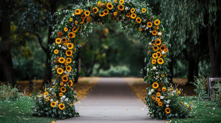 A stunning archway adorned with bright sunflowers invites viewers into a lush park. The serene pathway surrounded by greenery creates a peaceful atmosphere perfect for outdoor events.の素材