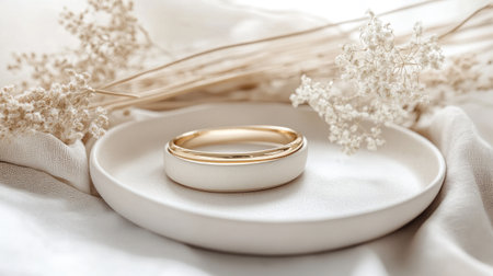 A stunning gold and white wedding ring placed on a decorative plate surrounded by delicate flowers, conveying elegance and romance in a minimalist setting.の素材