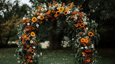 A stunning floral arch adorned with bright sunflowers and white daisies, perfect for outdoor weddings and special celebrations, bringing a touch of nature's beauty.の素材