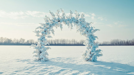 A serene winter landscape featuring a snow-covered archway adorned with frosty branches. Ideal for seasonal photography and festive events.の素材
