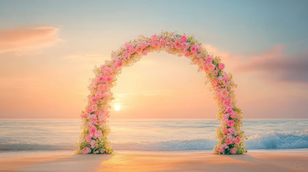 A stunning floral arch adorned with pastel roses frames a serene beach sunset. Soft waves lap at the shore, creating a romantic setting perfect for weddings or celebrations.の素材
