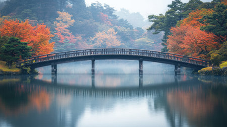 A picturesque autumn scene featuring a wooden bridge over a calm lake, surrounded by colorful foliage. The soft mist adds tranquility to the vibrant landscape.の素材