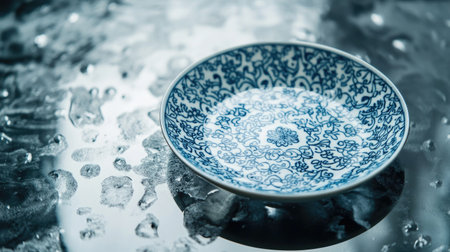 A blue and white decorative plate rests on a wet surface, showcasing intricate patterns and droplets of water. Ideal for artistic, culinary, or home dの素材