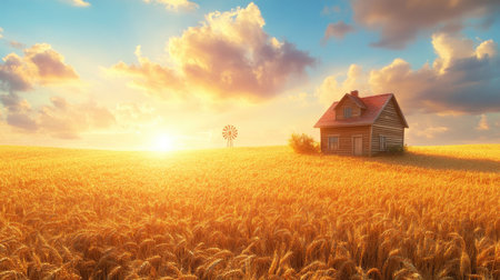 A tranquil sunset casts a warm glow over a golden wheat field, highlighting a rustic house and a vintage windmill. Ideal for nature and rural themes.の素材
