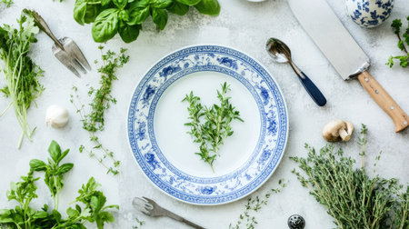 A beautiful arrangement of fresh herbs including basil, thyme, and parsley on a decorative plate, perfect for culinary presentations or cooking inspirations.の素材