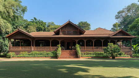 This stunning traditional wooden house showcases intricate architecture set amidst lush greenery, offering a serene outdoor experience perfect for relaxation or exploration.の素材
