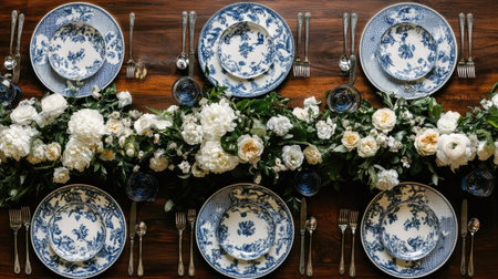 A sophisticated table setting featuring elegant blue and white dinnerware, complemented by a stunning floral centerpiece of white and cream flowers, ideal for various celebrations.の素材