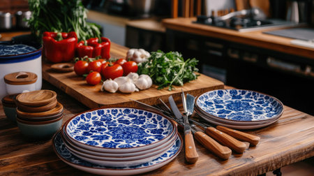 A vibrant kitchen scene features fresh tomatoes, garlic, and herbs arranged artfully on a wooden cutting board alongside decorative blue plates, evoking culinary creativity.の素材