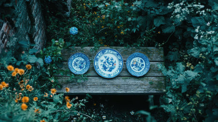 A stunning display of vintage blue plates arranged on a rustic wooden bench amidst vibrant garden flowers, capturing a serene outdoor beauty perfect for decor.の素材