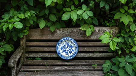 A rustic wooden bench adorned with a delicate blue plate, set against lush green leaves. This serene outdoor scene captures nature's beauty and tranquility.の素材