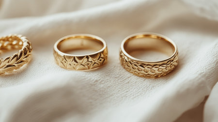 This image showcases a collection of elegant gold rings arranged on a soft fabric. The detailed craftsmanship and luxurious design highlight the beauty of fine jewelry.の素材