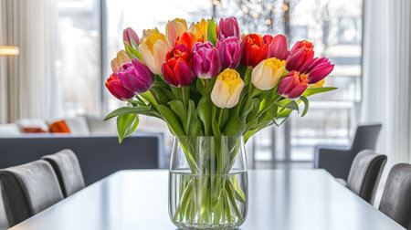 A stunning display of colorful tulips arranged in a glass vase, adding a vibrant touch to a modern dining table. Perfect for spring decor.の素材