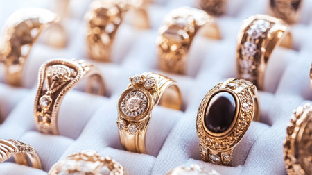A captivating display of elegant gold rings featuring intricate designs and sparkling gems. Perfect for jewelry enthusiasts and luxury fashion lovers.の素材