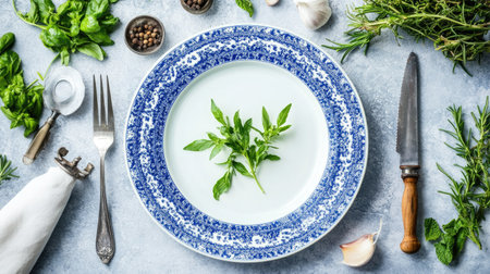 This image showcases a rustic table setting with fresh herbs on a blue-patterned plate. Perfect for culinary themes, food preparation, and healthy dining concepts.の素材