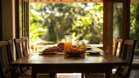 A cozy breakfast setting featuring a wooden table adorned with fresh fruits, croissants, and juices, bathed in warm natural light, perfect for a leisurely morning.の素材