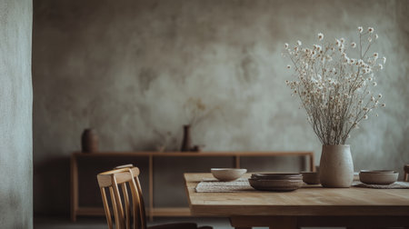 A serene minimalist dining space featuring a wooden table adorned with a vase of flowers, showcasing rustic decor, warm tones, and a cozy atmosphere.の素材