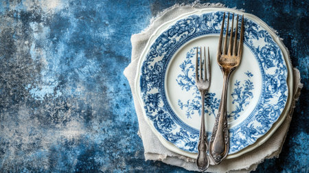 A vintage blue and white plate with intricate floral designs, accompanied by two antique forks, set on a rustic textured surface. Ideal for dining or culinary themes.の素材