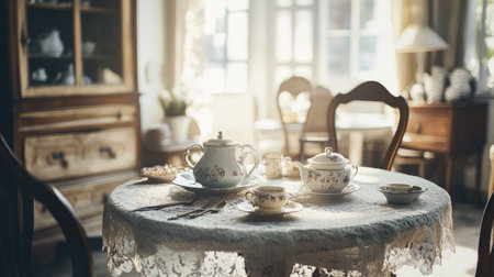 This image features an elegant vintage tea set beautifully arranged on a cozy table in a bright living room, creating a warm and inviting atmosphere.の素材