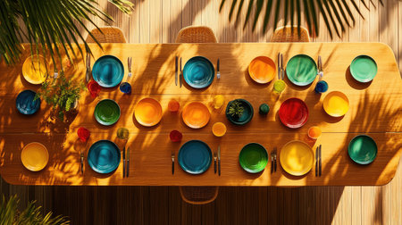 A vibrant dinner table setting displays an array of colorful plates and cutlery under warm sunlight, creating a lively and inviting atmosphere for gatherings.の素材