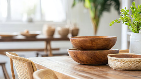 A collection of beautifully crafted wooden bowls rests on a dining table, showcasing minimalistic and warm interior design elements. The scene combines natural light with greenery for an inviting atmosphere.の素材
