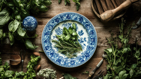 A beautiful arrangement of fresh herbs displayed on a vintage blue plate surrounded by various greenery, showcasing the essence of natural cooking.の素材