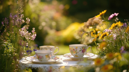A tranquil scene depicting elegant tea cups placed on a table amidst a vibrant garden filled with blooming flowers, inviting relaxation and enjoyment.の素材