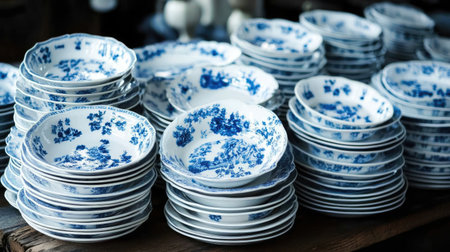 Discover a stunning display of blue and white porcelain dinnerware, showcasing intricate designs and craftsmanship, perfect for enhancing any kitchen or dining space.の素材