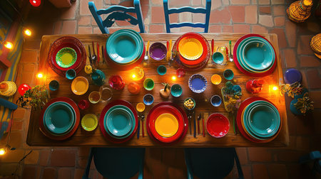 A stunning overhead view of a vibrant table setting featuring colorful dinnerware, inviting atmosphere, and soft warm lighting, perfect for gatherings.の素材