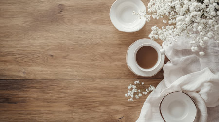 A serene setup featuring a fresh cup of coffee next to delicate flowers on a wooden tabletop, capturing the essence of tranquility and simplicity in daily life.の素材