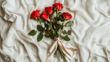 A stunning arrangement of red roses tied with a silky ribbon resting on a soft white fabric. Perfect for conveying love and elegance in any setting.の素材