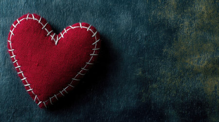 This image features a handmade red heart cushion resting on a dark textured surface, symbolizing love and affection. Perfect for decor and gifts.の素材