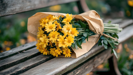 A beautiful bouquet of bright yellow flowers wrapped in kraft paper rests on a rustic wooden bench. The vibrant flowers symbolize joy and freshness, perfect for outdoor decoration or a thoughtful gift.の素材
