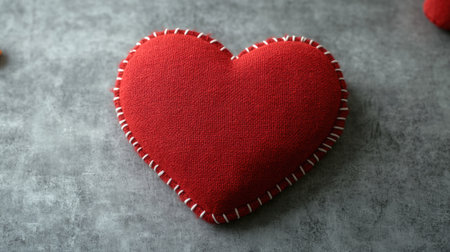 A vibrant red heart-shaped plush decoration with white stitching, perfect for adding a romantic touch to any space. Ideal for Valentine's Day or special occasions.の素材