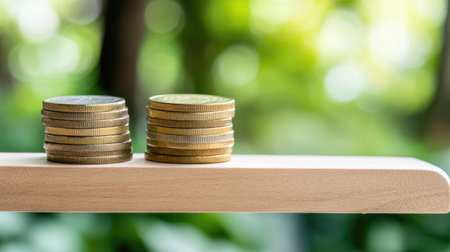 Two stacks of coins display financial balance on a wooden surface, set against a blurred green background, symbolizing growth and prosperity in investment and savings.の素材