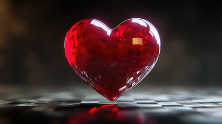 A striking shiny red heart sculpture rests on a chessboard background, symbolizing love and passion. Its glossy surface reflects light beautifully, creating a captivating visual.の素材