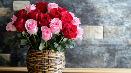 A stunning bouquet of red and pink roses arranged elegantly in a woven basket. This vibrant floral display adds charm and color to any indoor setting, perfect for celebrations or home decor.の素材