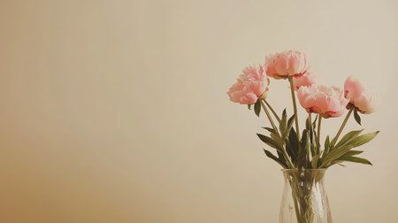 A beautiful arrangement of fresh pink peonies in a clear glass vase creates a serene atmosphere. The neutral background enhances the elegance and charm of the flowers.の素材