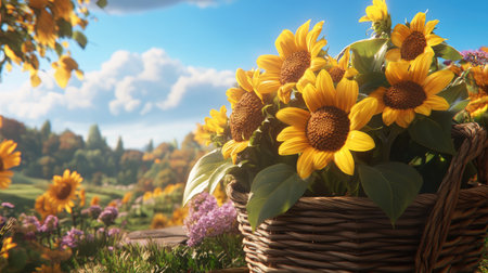 A beautiful basket filled with bright sunflowers under a blue sky. The lush green landscape adds to the serene atmosphere, ideal for nature lovers.の素材