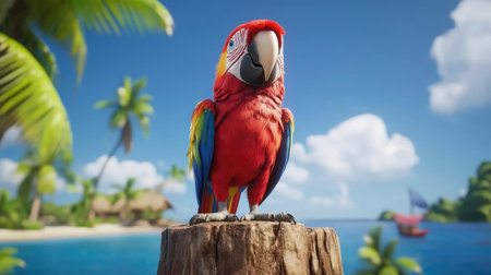A striking red parrot perches on a wooden log, surrounded by a vibrant tropical landscape. The scene captures the essence of wildlife in a serene coastal environment.の素材