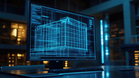 A computer monitor showcases a detailed 3D model in a blueprint style, reflecting modern technology and innovation in design and architecture.の素材