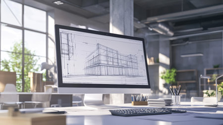 A modern office workspace featuring a computer displaying an architectural blueprint. This setting emphasizes creativity, innovation, and productivity in design.の素材